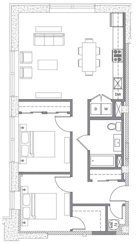 Floor plan for 2 beds, 1 bath, 1038 sqft